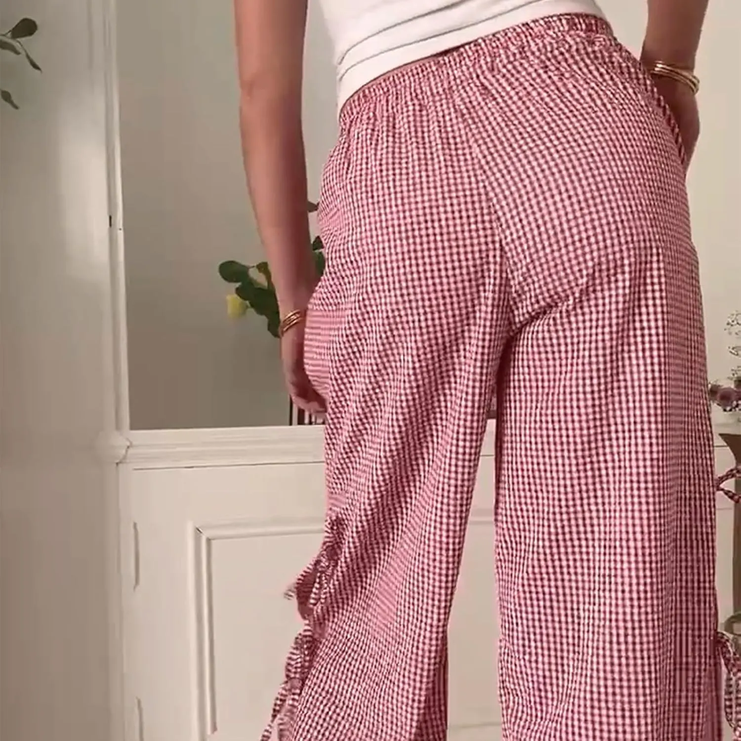 Women Y2K Plaid Stripe Pants Side Tie-Up Wide-Leg Straight Trousers Vintage Lounge Pants Sweatpants Pjs Bottoms