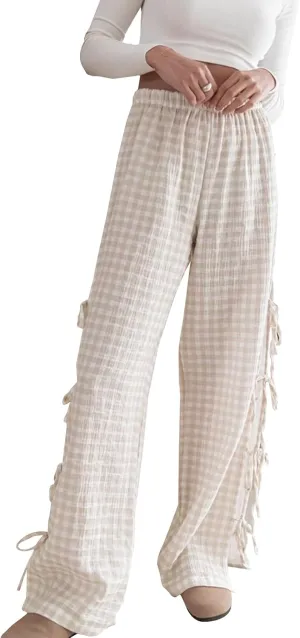 Women Y2K Plaid Stripe Pants Side Tie-Up Wide-Leg Straight Trousers Vintage Lounge Pants Sweatpants Pjs Bottoms