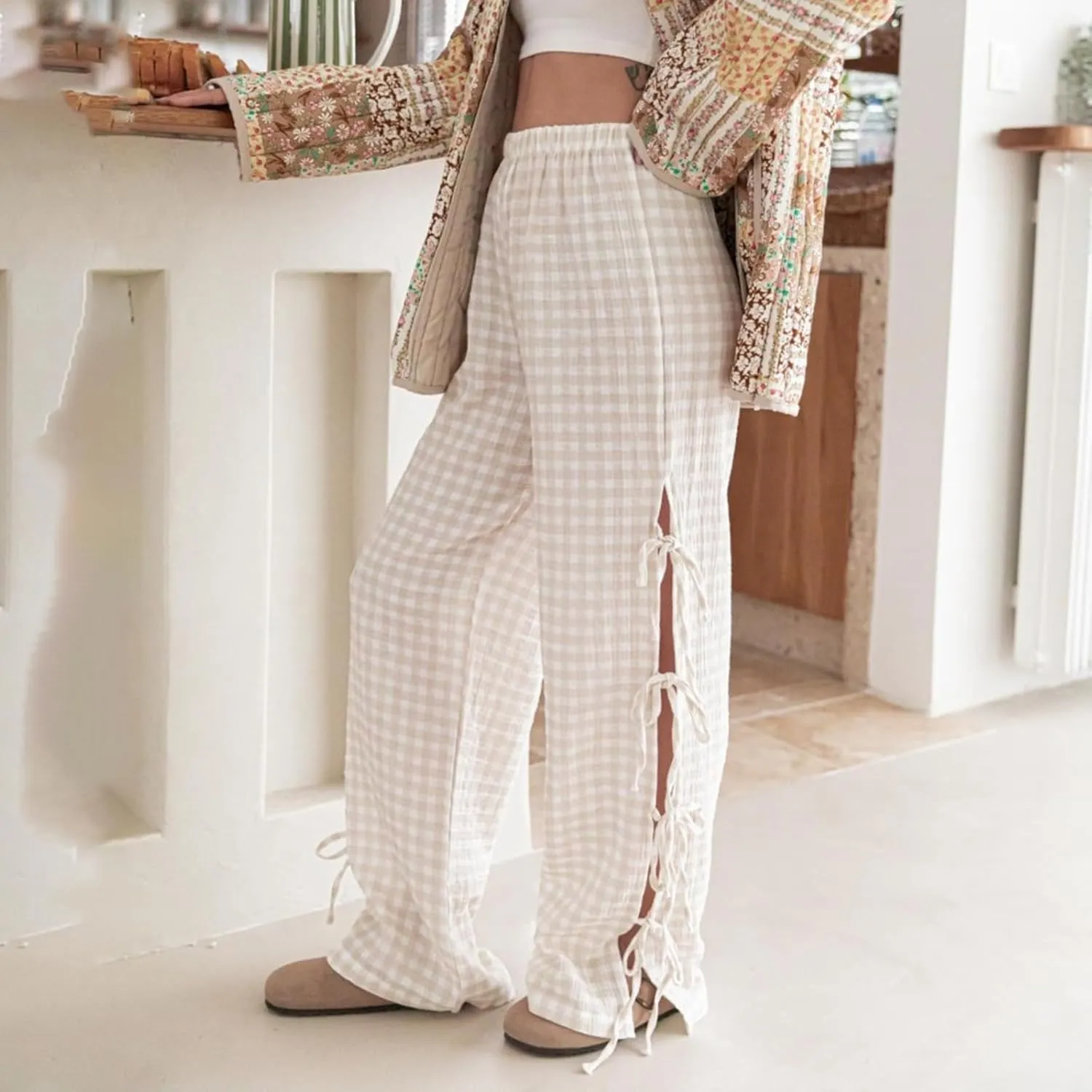 Women Y2K Plaid Stripe Pants Side Tie-Up Wide-Leg Straight Trousers Vintage Lounge Pants Sweatpants Pjs Bottoms