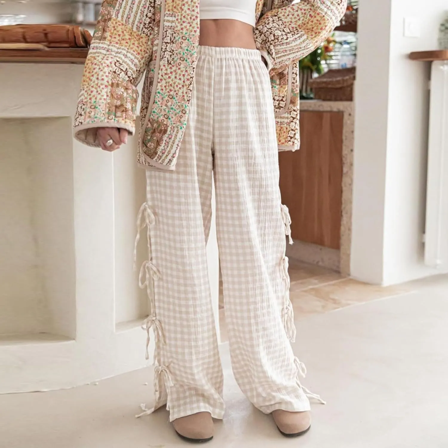 Women Y2K Plaid Stripe Pants Side Tie-Up Wide-Leg Straight Trousers Vintage Lounge Pants Sweatpants Pjs Bottoms