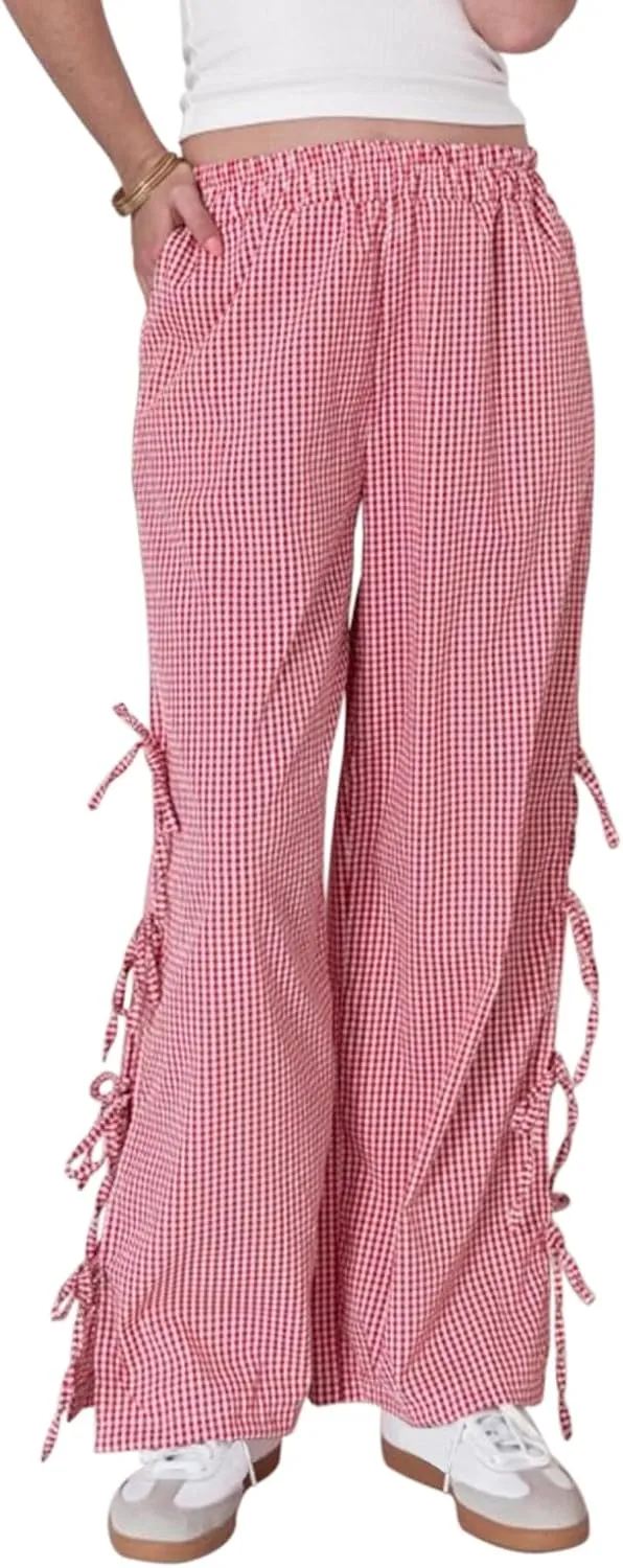 Women Y2K Plaid Stripe Pants Side Tie-Up Wide-Leg Straight Trousers Vintage Lounge Pants Sweatpants Pjs Bottoms