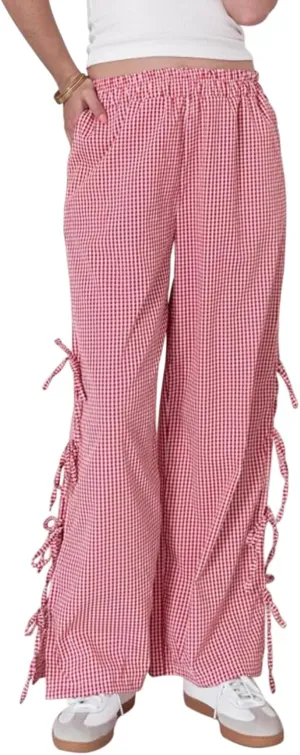 Women Y2K Plaid Stripe Pants Side Tie-Up Wide-Leg Straight Trousers Vintage Lounge Pants Sweatpants Pjs Bottoms