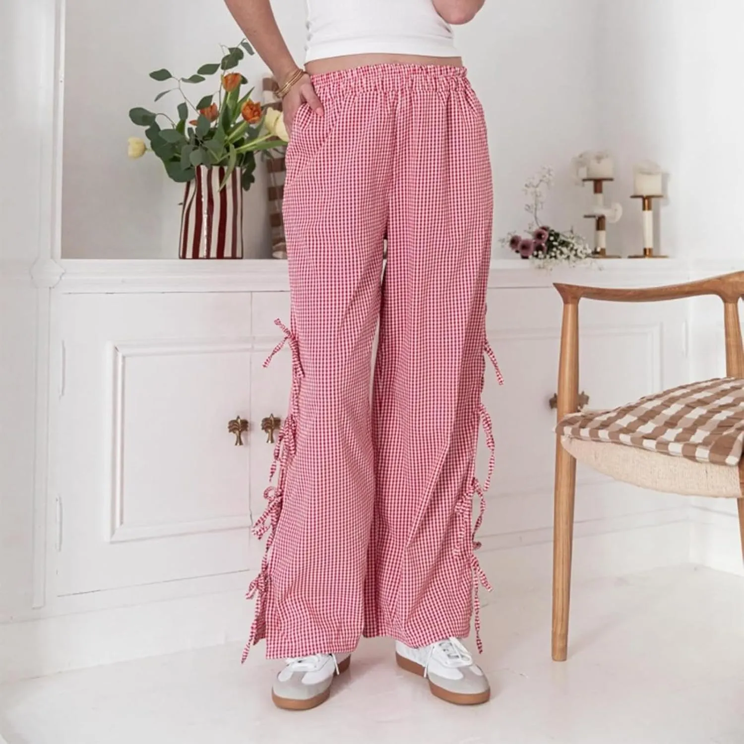 Women Y2K Plaid Stripe Pants Side Tie-Up Wide-Leg Straight Trousers Vintage Lounge Pants Sweatpants Pjs Bottoms