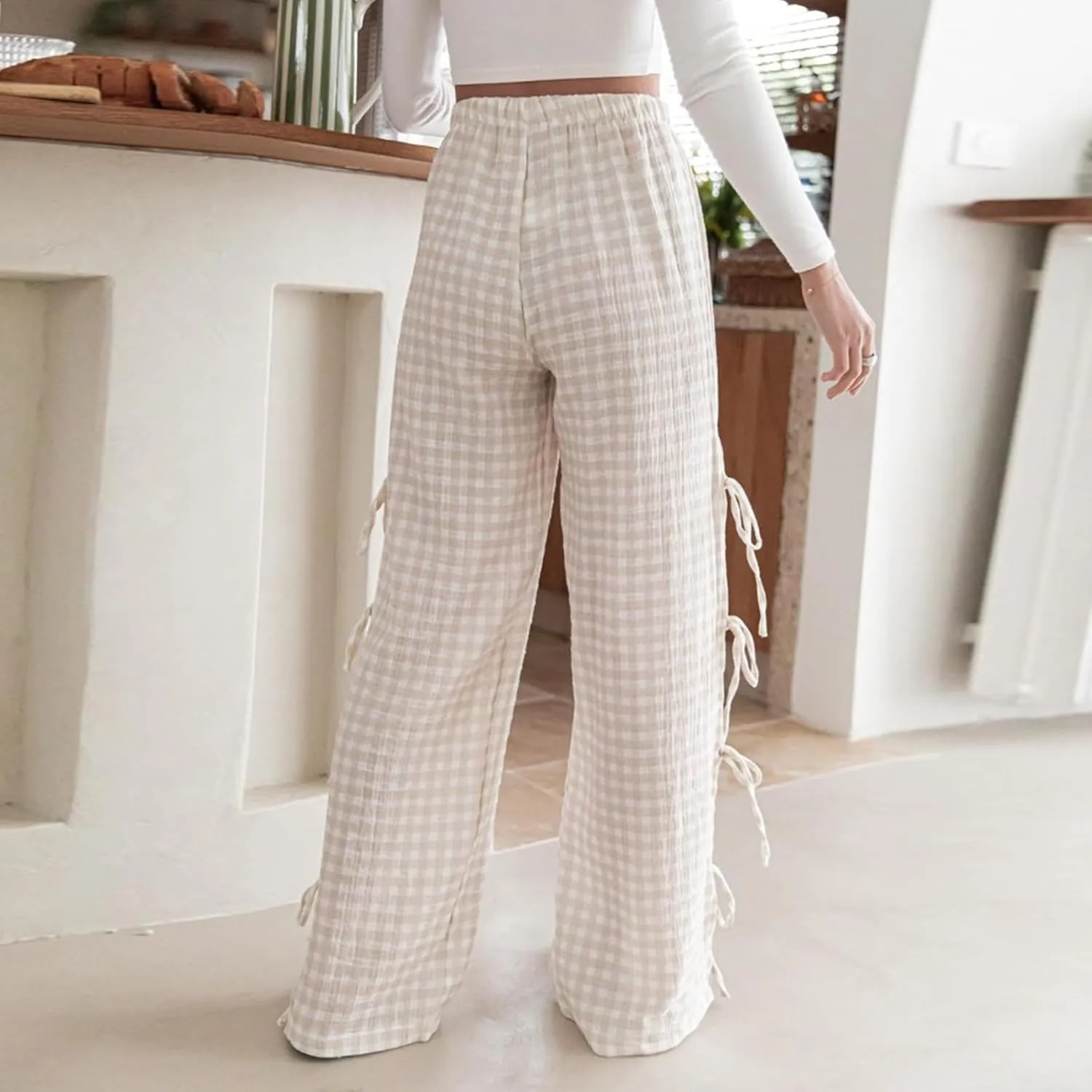 Women Y2K Plaid Stripe Pants Side Tie-Up Wide-Leg Straight Trousers Vintage Lounge Pants Sweatpants Pjs Bottoms
