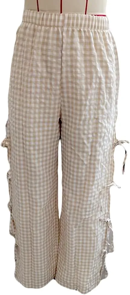 Women Y2K Plaid Stripe Pants Side Tie-Up Wide-Leg Straight Trousers Vintage Lounge Pants Sweatpants Pjs Bottoms