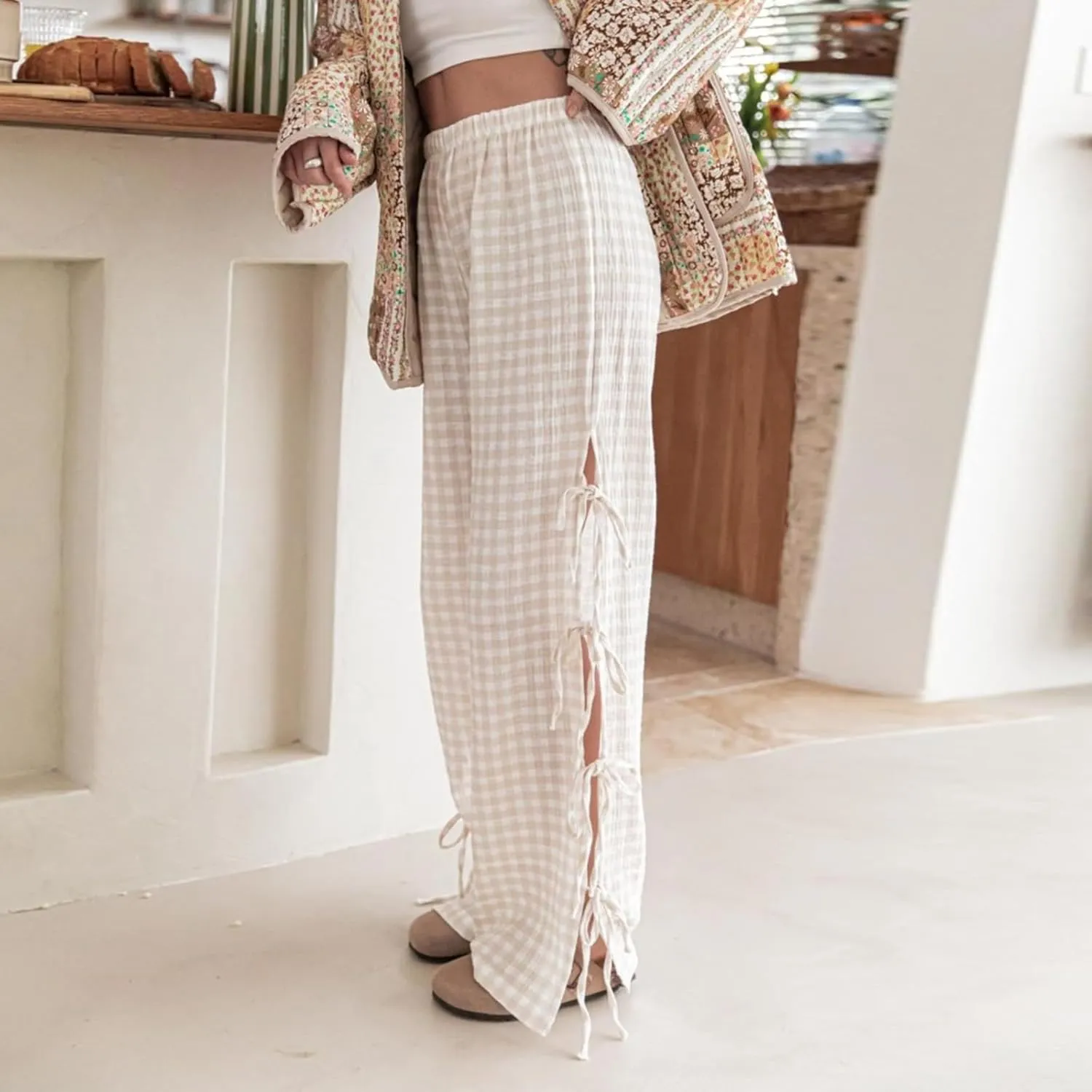 Women Y2K Plaid Stripe Pants Side Tie-Up Wide-Leg Straight Trousers Vintage Lounge Pants Sweatpants Pjs Bottoms