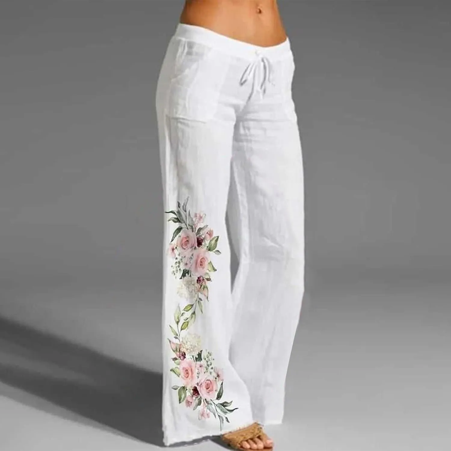 Women's Boho Floral Pants Linen Palazzo Wide Leg Lounge Pant Casual Yoga Flowy High Waist Trousers with Pockets