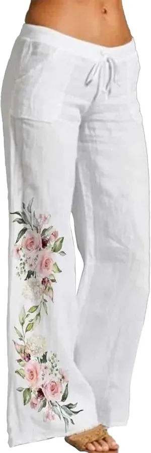 Women's Boho Floral Pants Linen Palazzo Wide Leg Lounge Pant Casual Yoga Flowy High Waist Trousers with Pockets