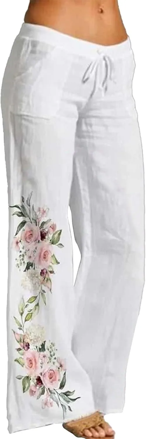 Women's Boho Floral Pants Linen Palazzo Wide Leg Lounge Pant Casual Yoga Flowy High Waist Trousers with Pockets
