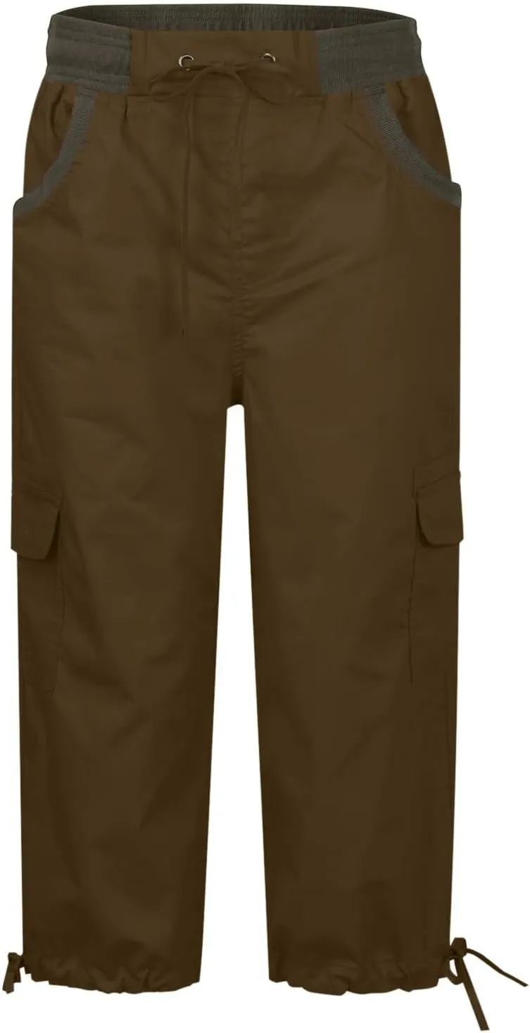 Womens Cargo Capris Pants Summer Casual Drawstring Low Waisted Hiking Jogger Outdoor Athletic 3/4 Trousers Pockets