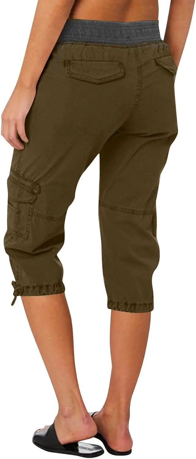 Womens Cargo Capris Pants Summer Casual Drawstring Low Waisted Hiking Jogger Outdoor Athletic 3/4 Trousers Pockets