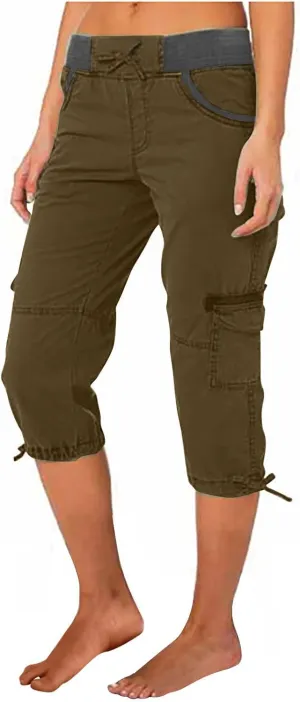 Womens Cargo Capris Pants Summer Casual Drawstring Low Waisted Hiking Jogger Outdoor Athletic 3/4 Trousers Pockets