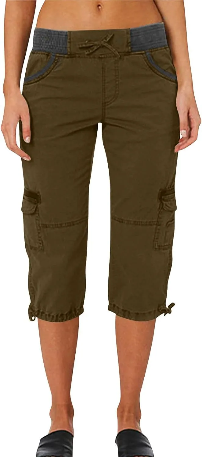 Womens Cargo Capris Pants Summer Casual Drawstring Low Waisted Hiking Jogger Outdoor Athletic 3/4 Trousers Pockets