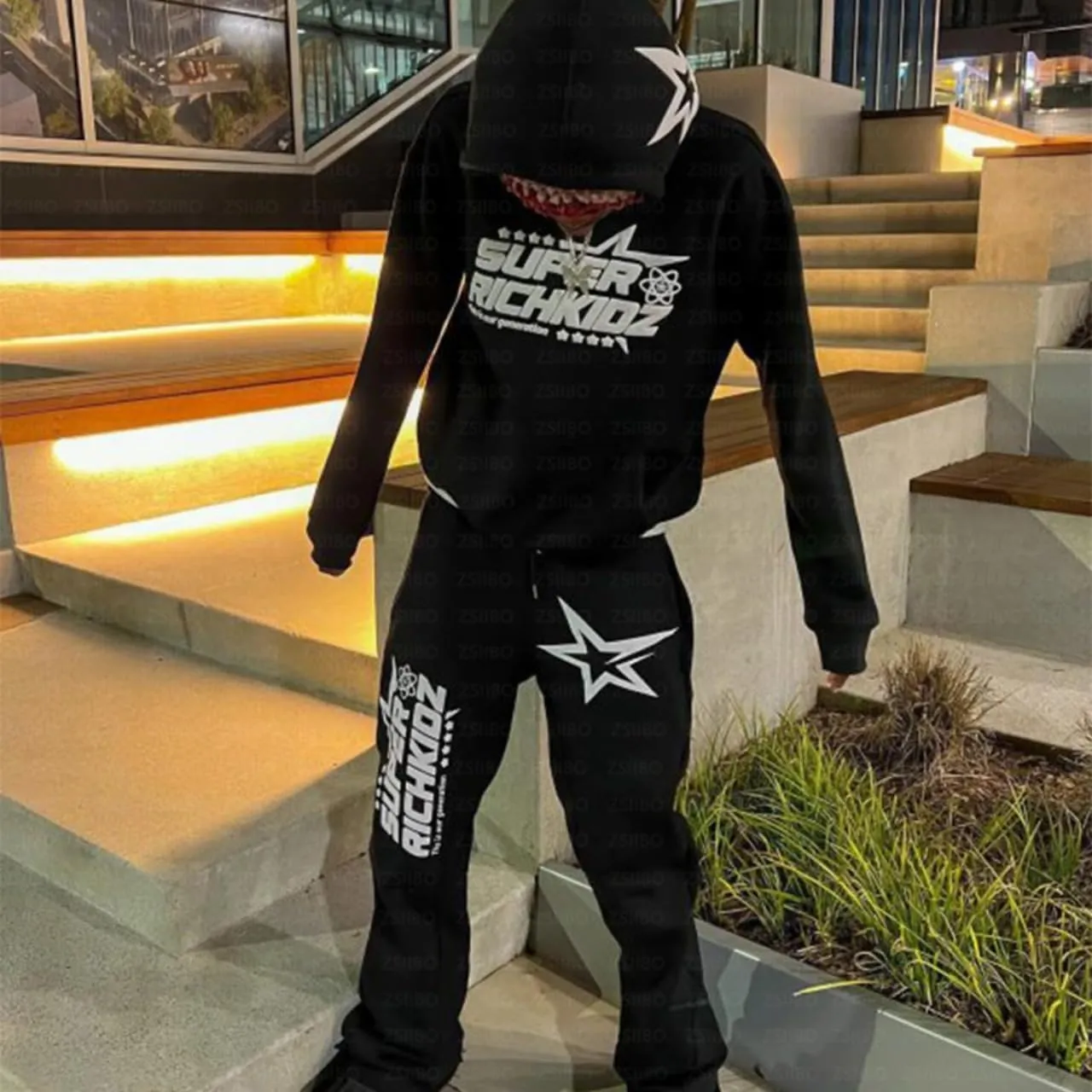 Women's Casual 2 Piece Sweatsuits Fashion Star Letter Print Hoodies Jogger Sweatpants Set Tracksuits