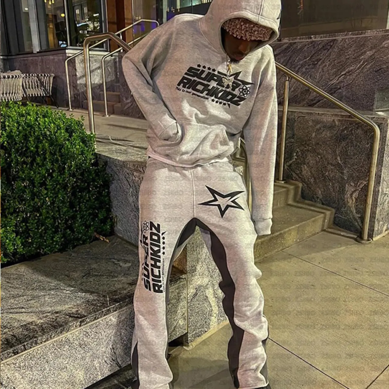Women's Casual 2 Piece Sweatsuits Fashion Star Letter Print Hoodies Jogger Sweatpants Set Tracksuits