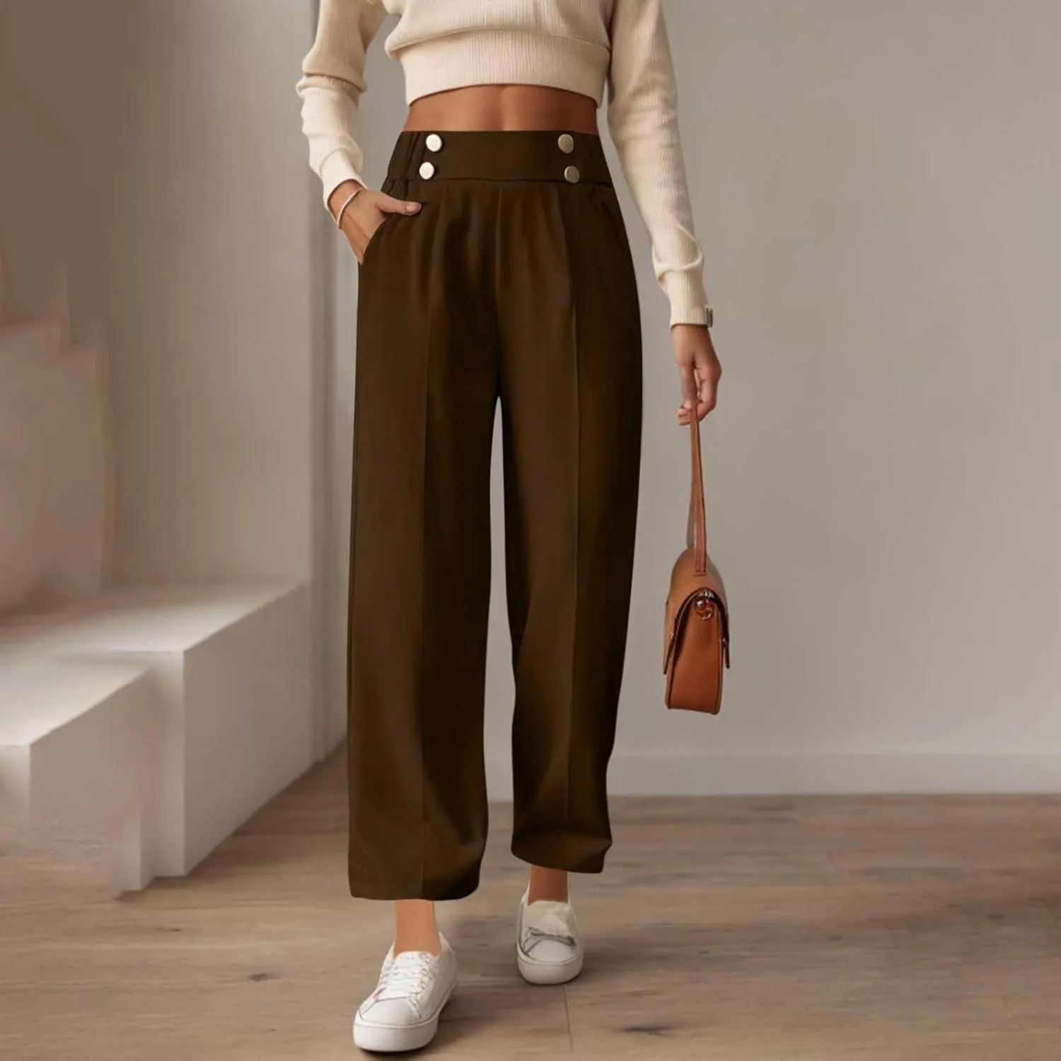 Women's Casual Linen Pants Summer Wide Leg Slacks Straight Leg Work Pants Elastic Waist Button Trousers with Pockets
