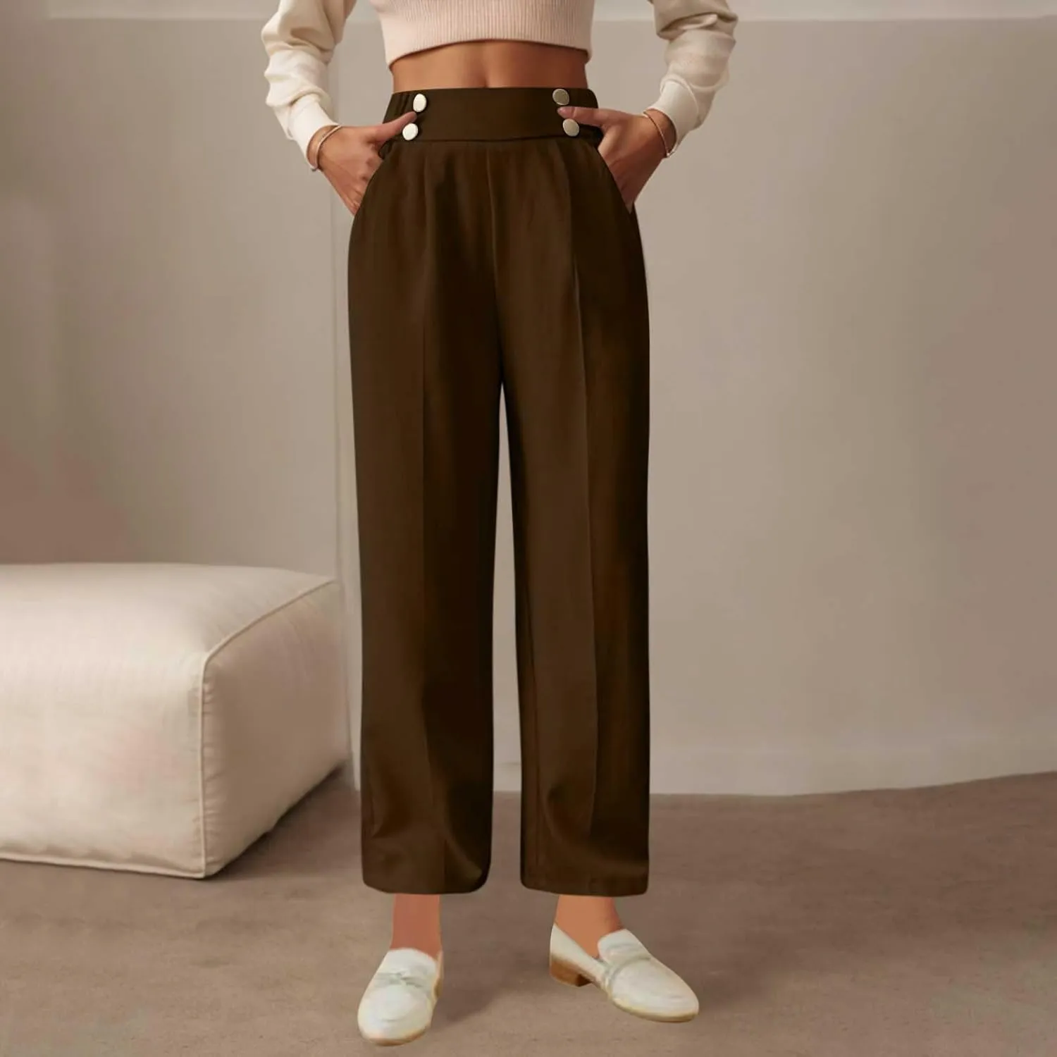 Women's Casual Linen Pants Summer Wide Leg Slacks Straight Leg Work Pants Elastic Waist Button Trousers with Pockets