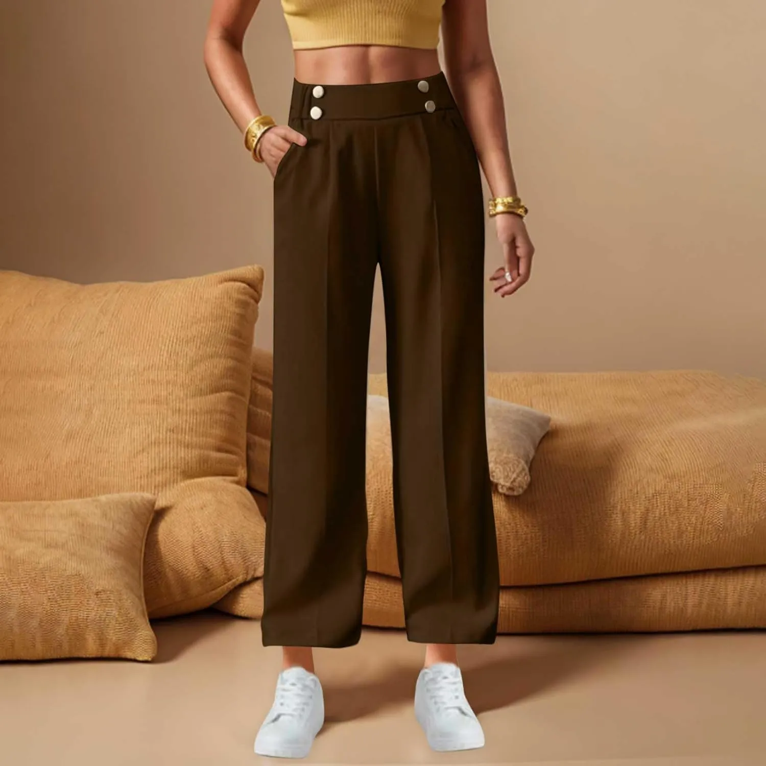 Women's Casual Linen Pants Summer Wide Leg Slacks Straight Leg Work Pants Elastic Waist Button Trousers with Pockets