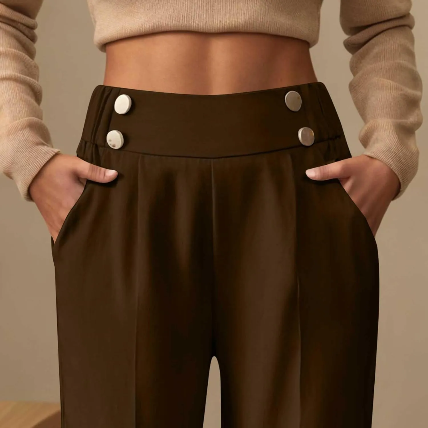 Women's Casual Linen Pants Summer Wide Leg Slacks Straight Leg Work Pants Elastic Waist Button Trousers with Pockets
