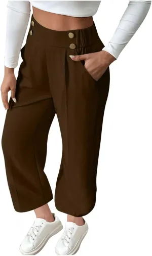 Women's Casual Linen Pants Summer Wide Leg Slacks Straight Leg Work Pants Elastic Waist Button Trousers with Pockets