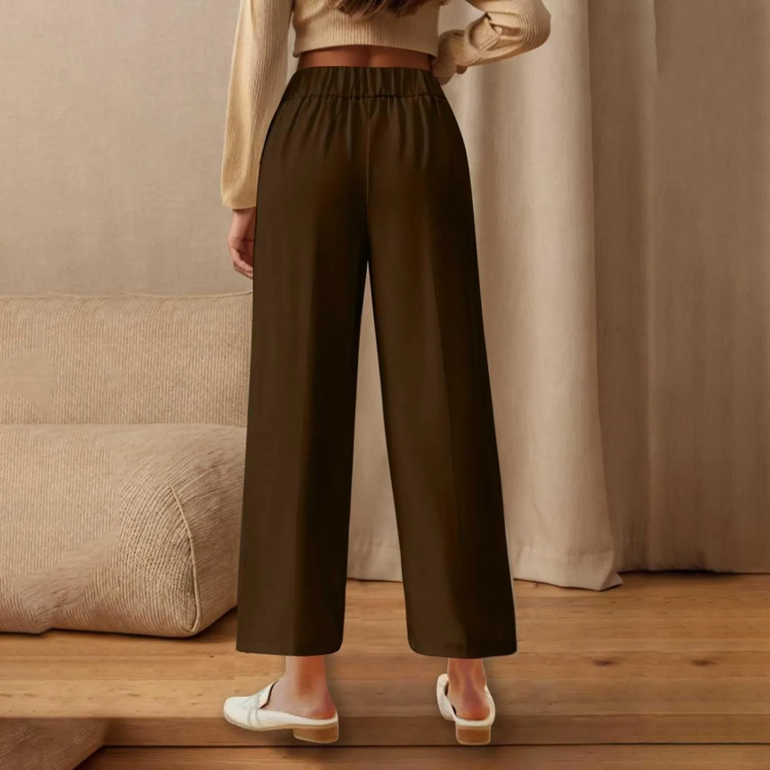 Women's Casual Linen Pants Summer Wide Leg Slacks Straight Leg Work Pants Elastic Waist Button Trousers with Pockets