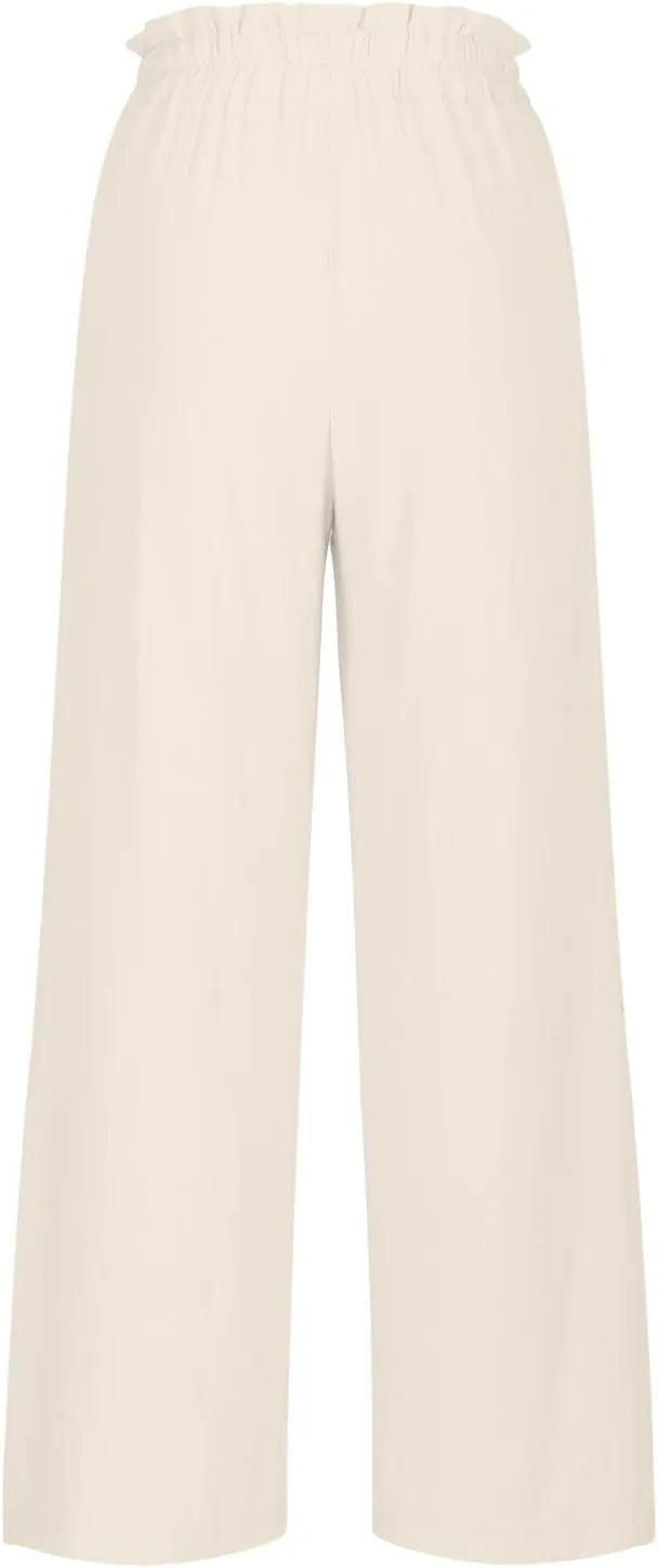 Women's Casual Pants High Waist Lace Up Straight Leg Long Pant Summer Trendy Solid Baggy Palazzo Trouser with Pockets