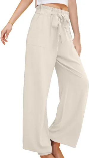 Women's Casual Pants High Waist Lace Up Straight Leg Long Pant Summer Trendy Solid Baggy Palazzo Trouser with Pockets