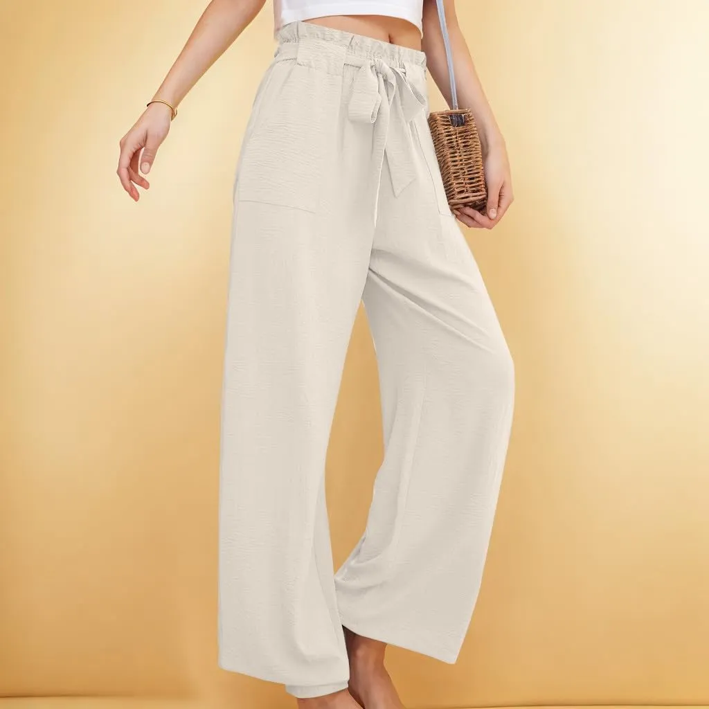 Women's Casual Pants High Waist Lace Up Straight Leg Long Pant Summer Trendy Solid Baggy Palazzo Trouser with Pockets