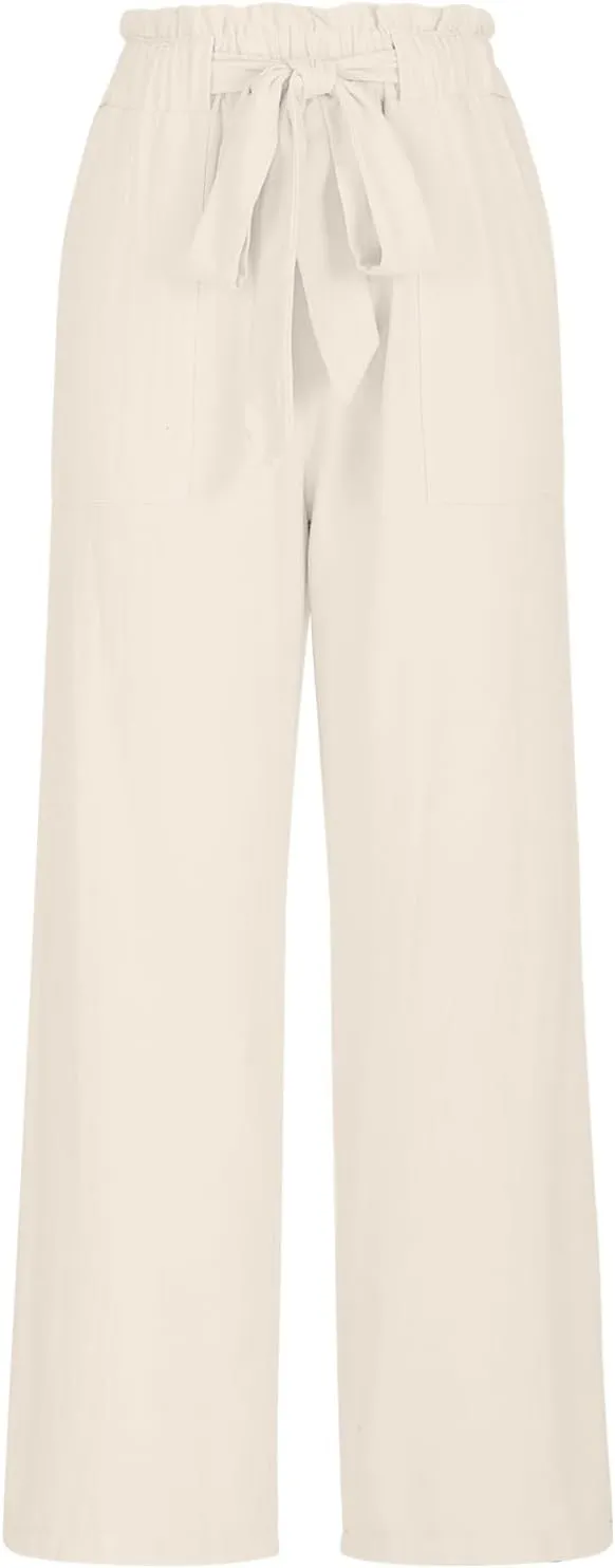 Women's Casual Pants High Waist Lace Up Straight Leg Long Pant Summer Trendy Solid Baggy Palazzo Trouser with Pockets