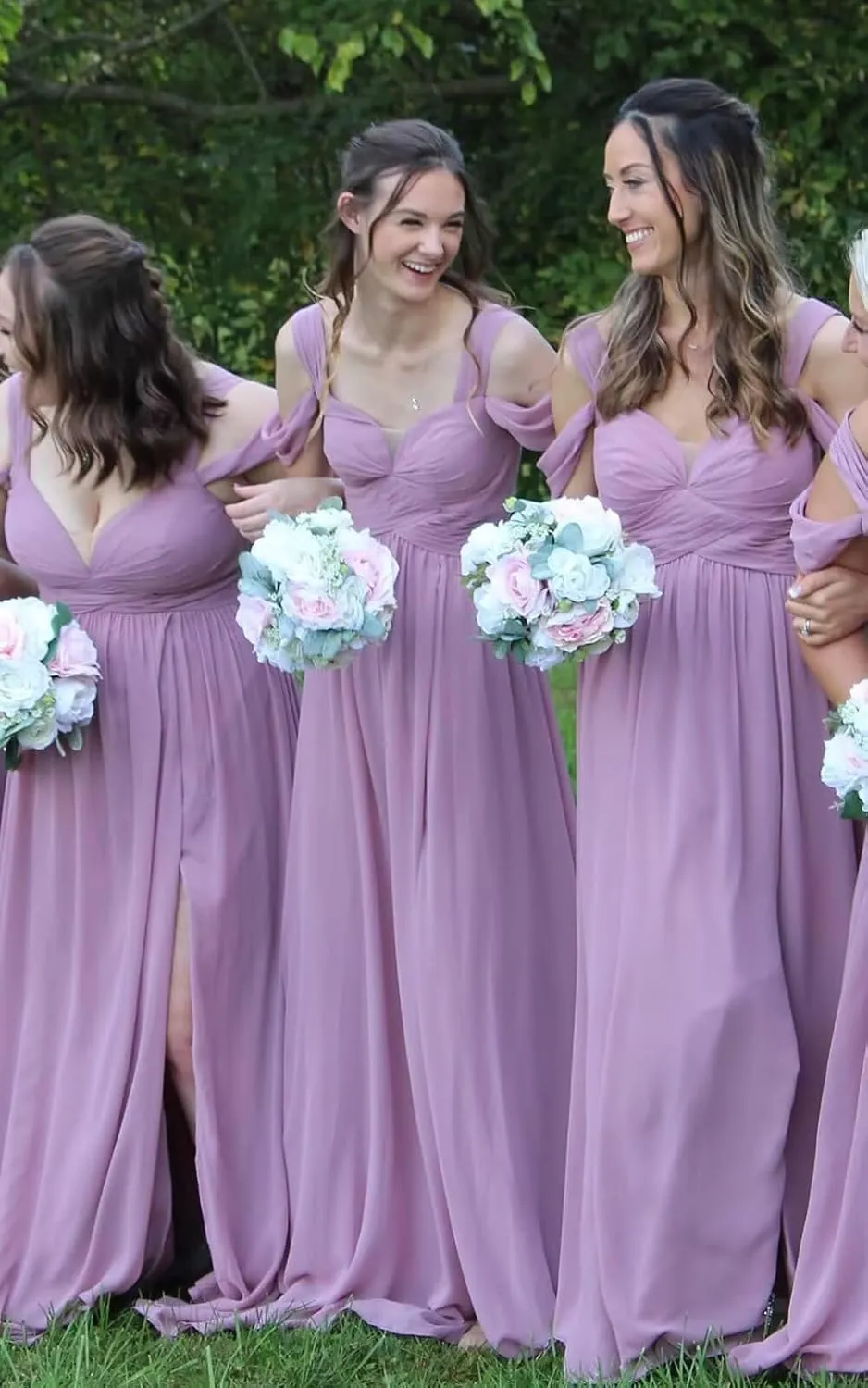 Women's Cold Shoulder Bridesmaid Dresses 2025 with Silt Chiffon Pleated Formal Evening Dress PU140
