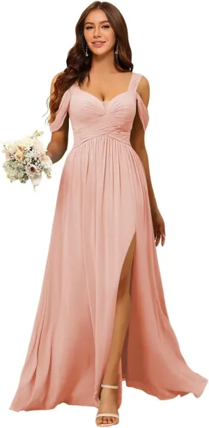 Women's Cold Shoulder Bridesmaid Dresses 2025 with Silt Chiffon Pleated Formal Evening Dress PU140