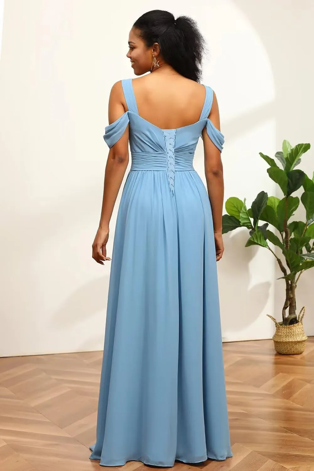 Women's Cold Shoulder Bridesmaid Dresses 2025 with Silt Chiffon Pleated Formal Evening Dress PU140