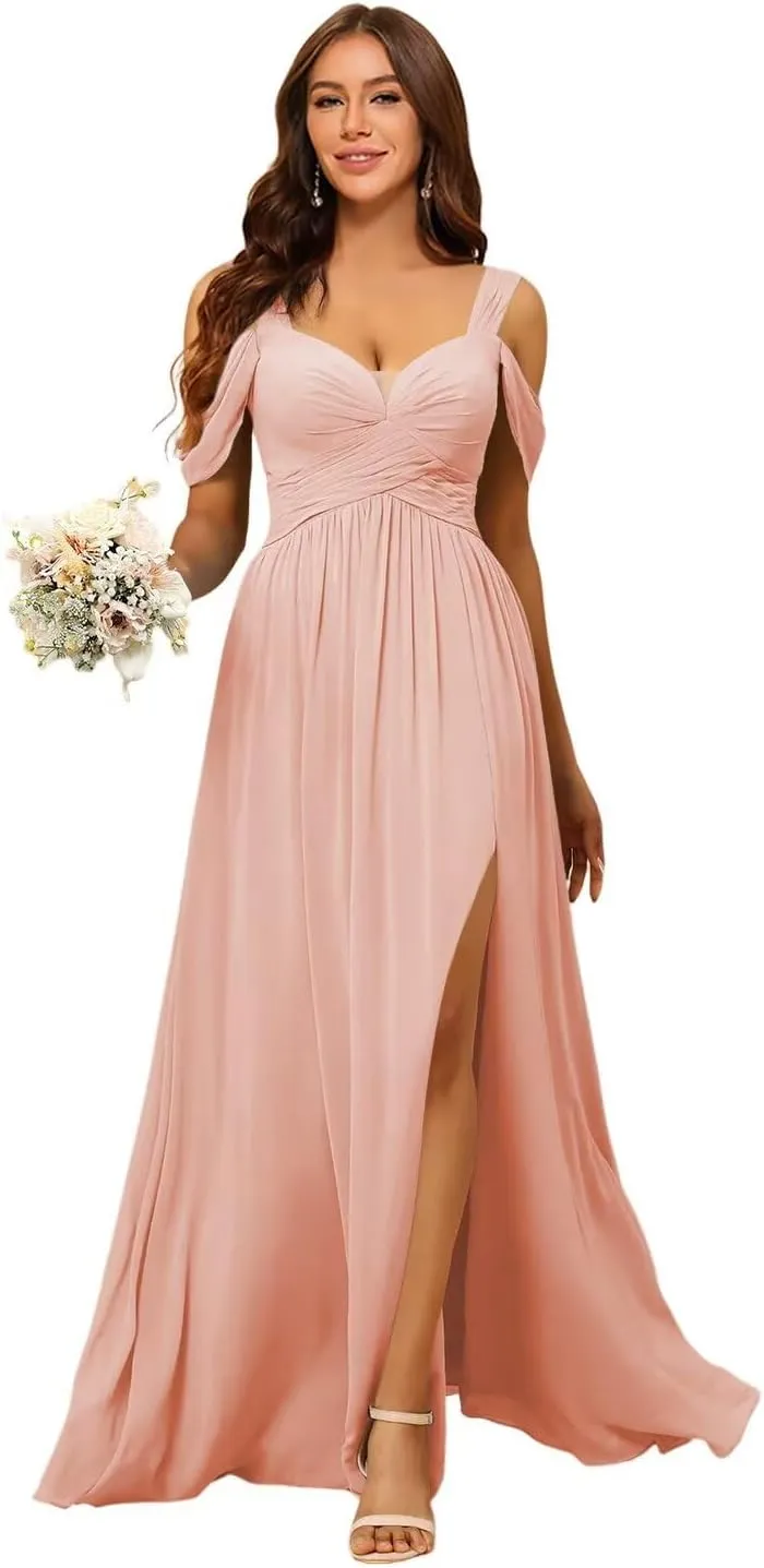 Women's Cold Shoulder Bridesmaid Dresses 2025 with Silt Chiffon Pleated Formal Evening Dress PU140