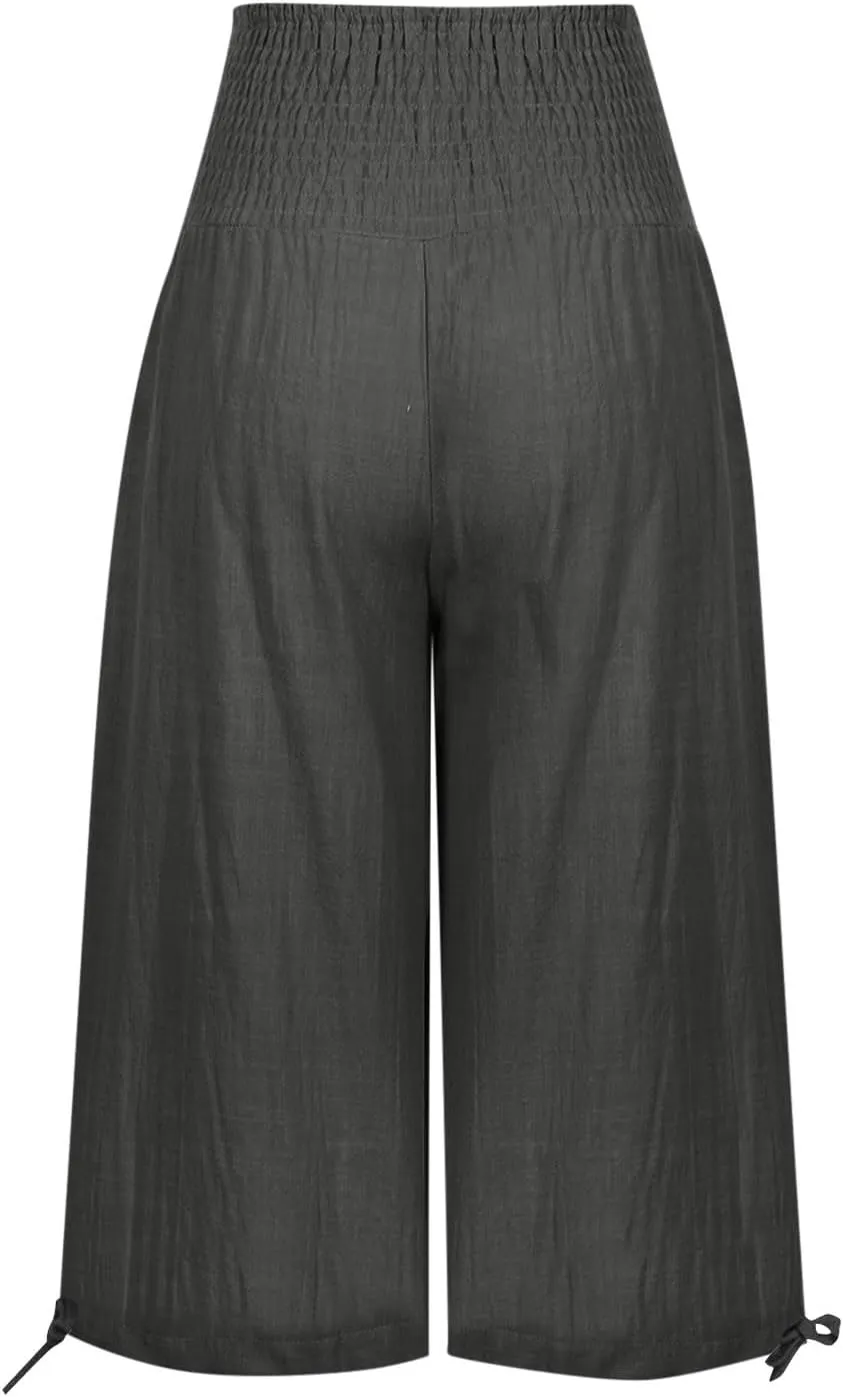 Womens Cotton Linen Capri Pants High Waisted Flowy Lounge Wide Leg Palazzo Capris Baggy Summer Casual Cropped Trouser
