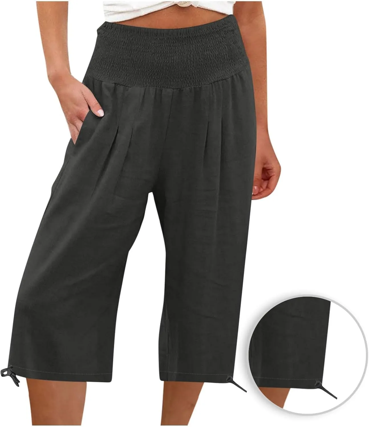 Womens Cotton Linen Capri Pants High Waisted Flowy Lounge Wide Leg Palazzo Capris Baggy Summer Casual Cropped Trouser