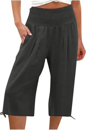 Womens Cotton Linen Capri Pants High Waisted Flowy Lounge Wide Leg Palazzo Capris Baggy Summer Casual Cropped Trouser