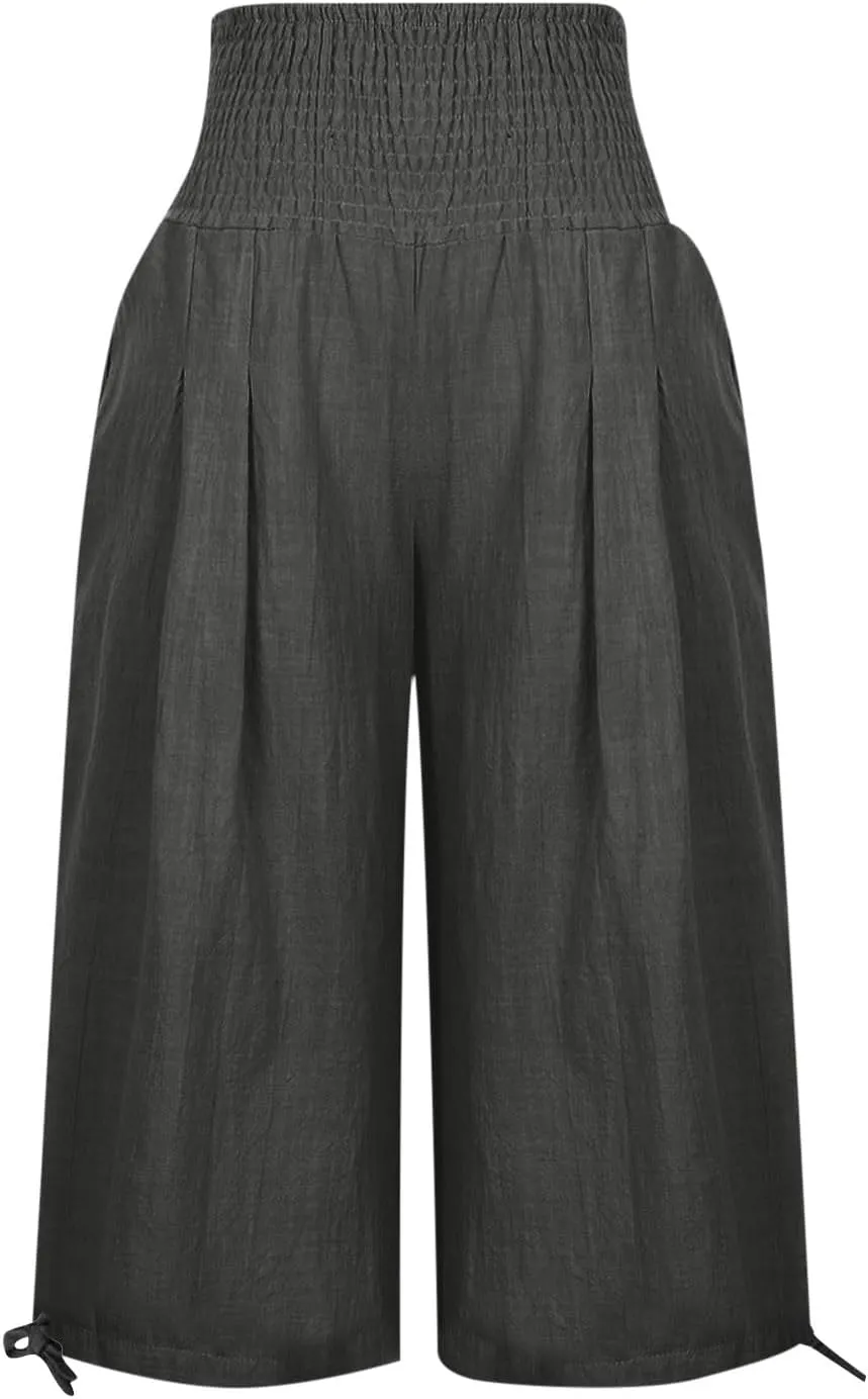 Womens Cotton Linen Capri Pants High Waisted Flowy Lounge Wide Leg Palazzo Capris Baggy Summer Casual Cropped Trouser