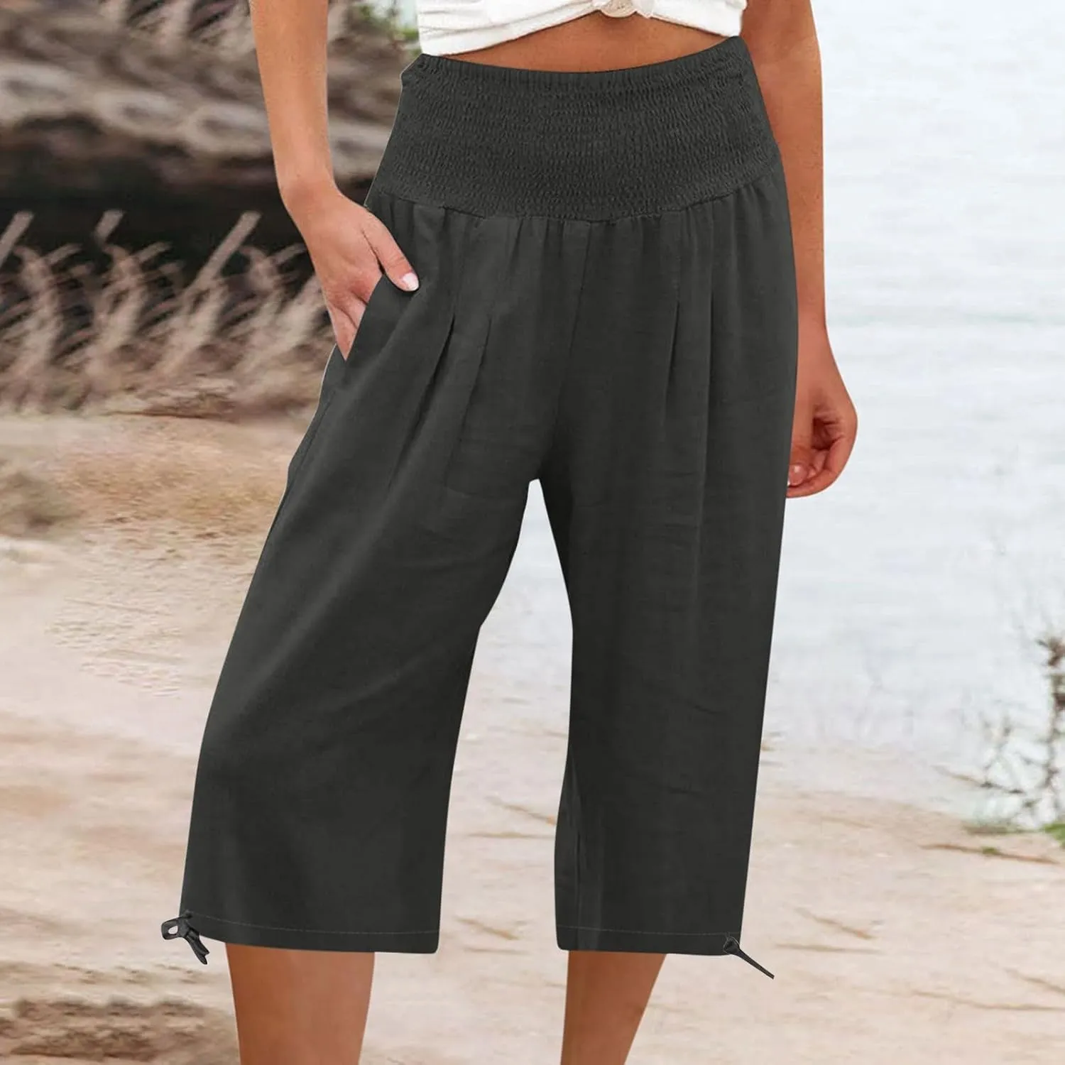 Womens Cotton Linen Capri Pants High Waisted Flowy Lounge Wide Leg Palazzo Capris Baggy Summer Casual Cropped Trouser