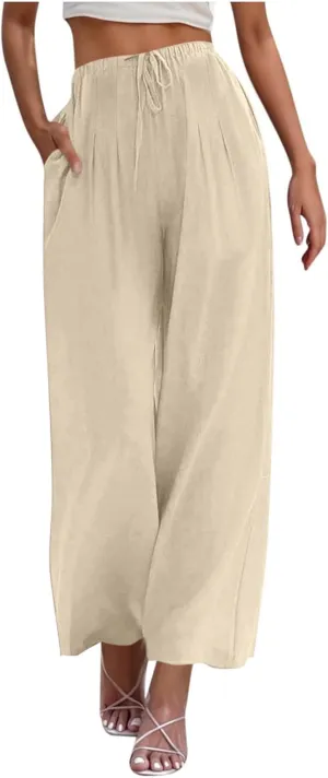 Womens Cotton Linen Palazzo Pants Drawstring Elastic Waist Wide Leg Pants Summer Casual Flowy Trousers with Pockets