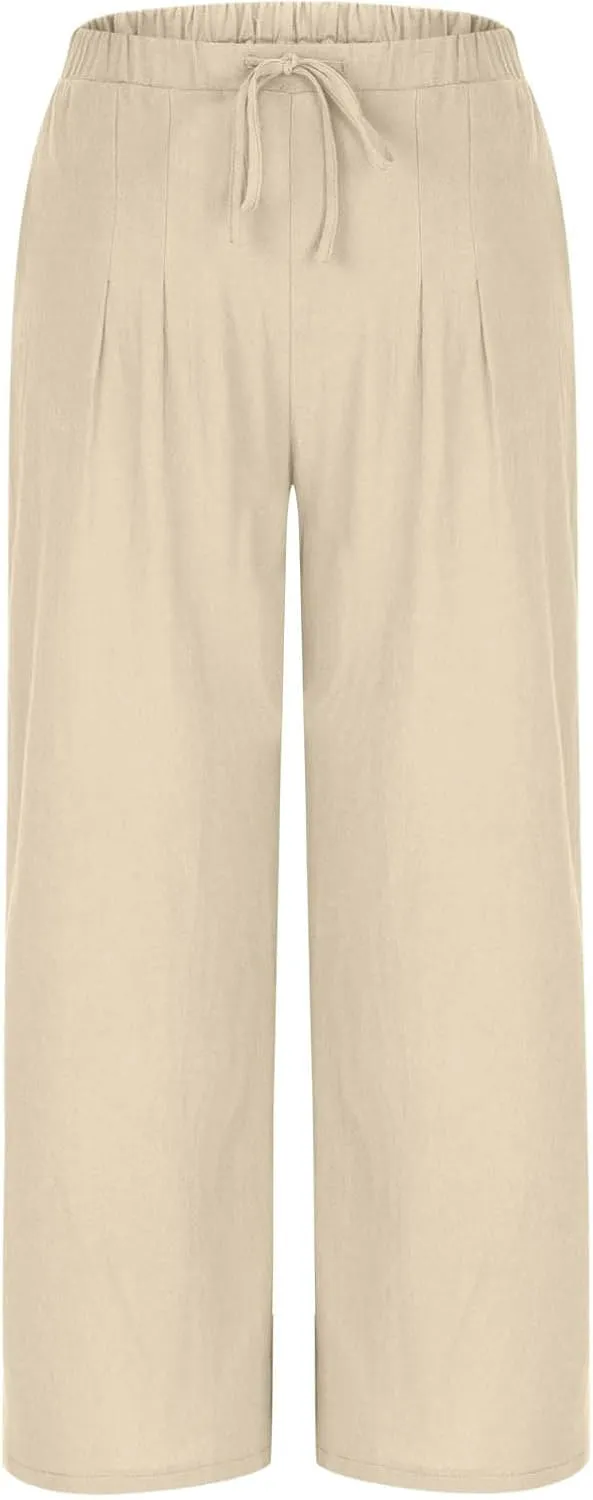 Womens Cotton Linen Palazzo Pants Drawstring Elastic Waist Wide Leg Pants Summer Casual Flowy Trousers with Pockets