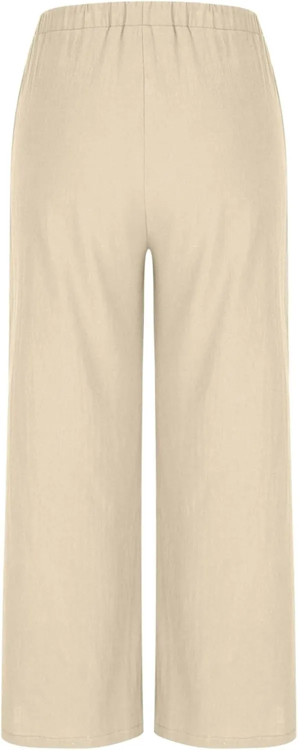 Womens Cotton Linen Palazzo Pants Drawstring Elastic Waist Wide Leg Pants Summer Casual Flowy Trousers with Pockets