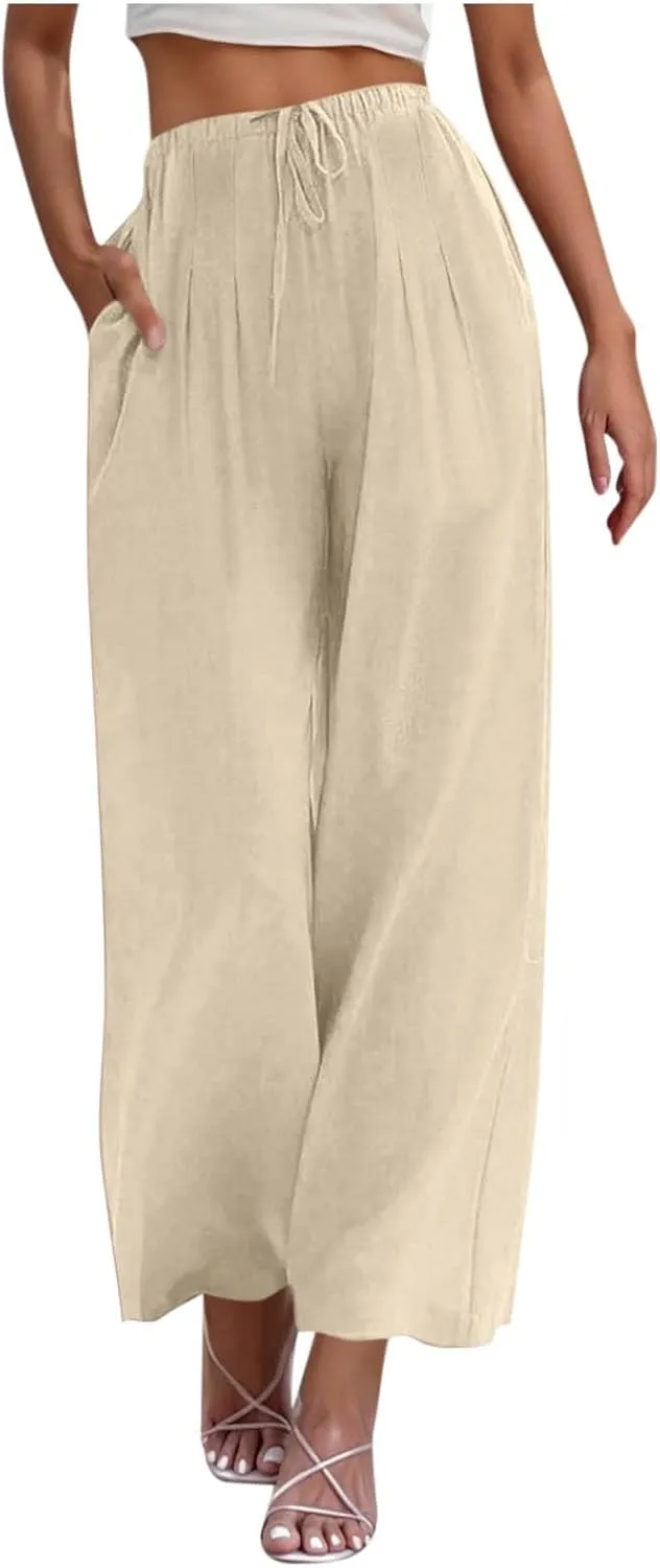Womens Cotton Linen Palazzo Pants Drawstring Elastic Waist Wide Leg Pants Summer Casual Flowy Trousers with Pockets