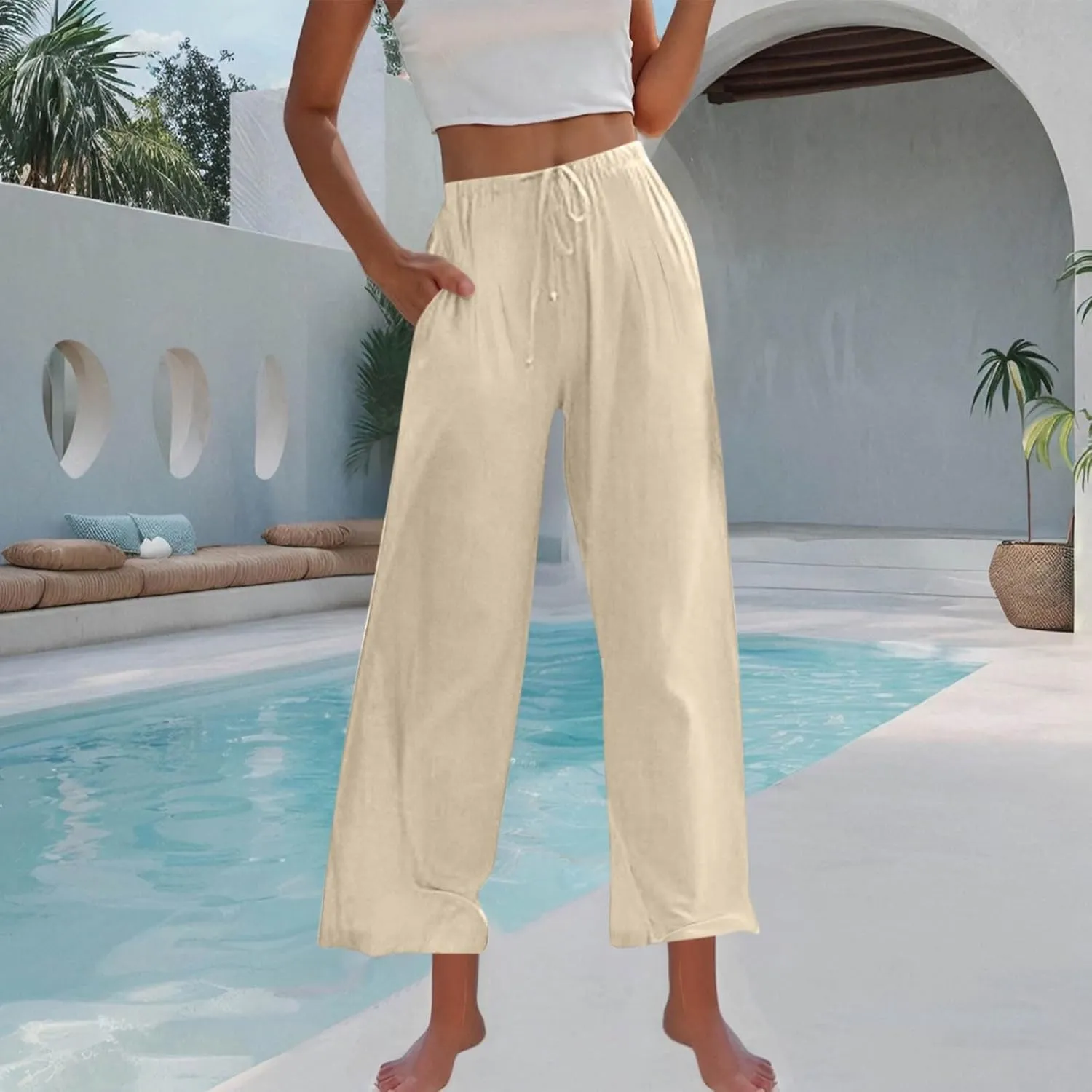Womens Cotton Linen Palazzo Pants Drawstring Elastic Waist Wide Leg Pants Summer Casual Flowy Trousers with Pockets