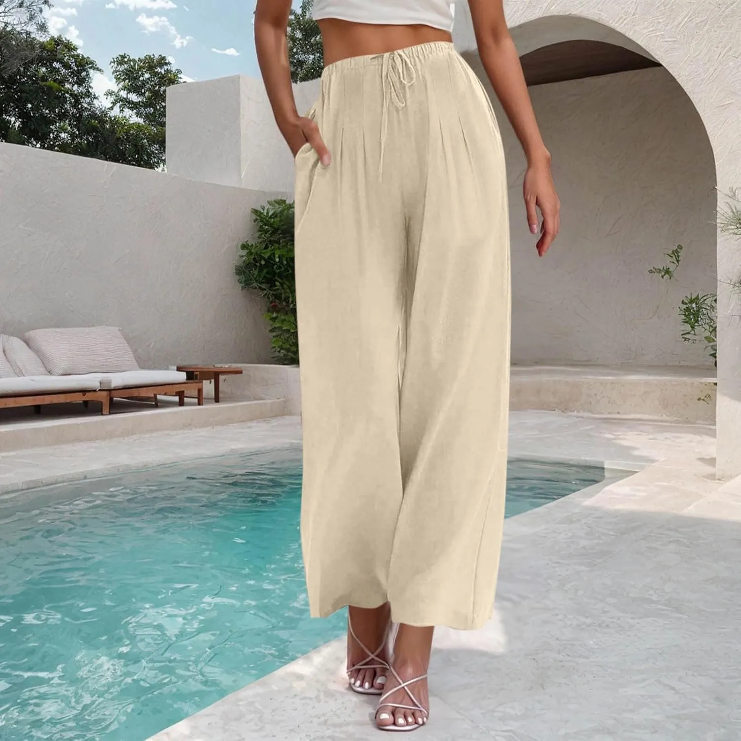 Womens Cotton Linen Palazzo Pants Drawstring Elastic Waist Wide Leg Pants Summer Casual Flowy Trousers with Pockets