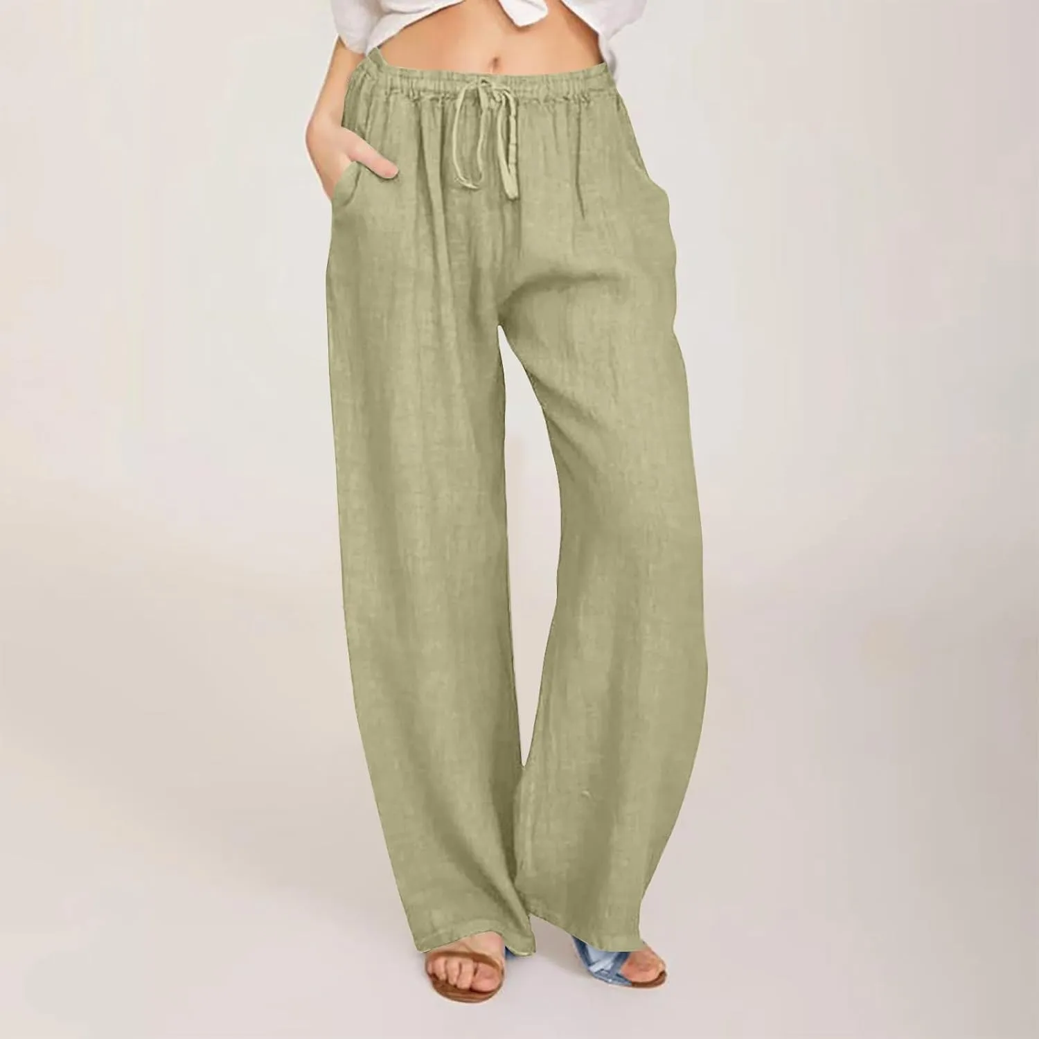 Women's Cotton Linen Pants Drawstring High Waisted Pants Casual Loose Fit Elastic Wasit 2024 Comfy Wide Leg Trousers