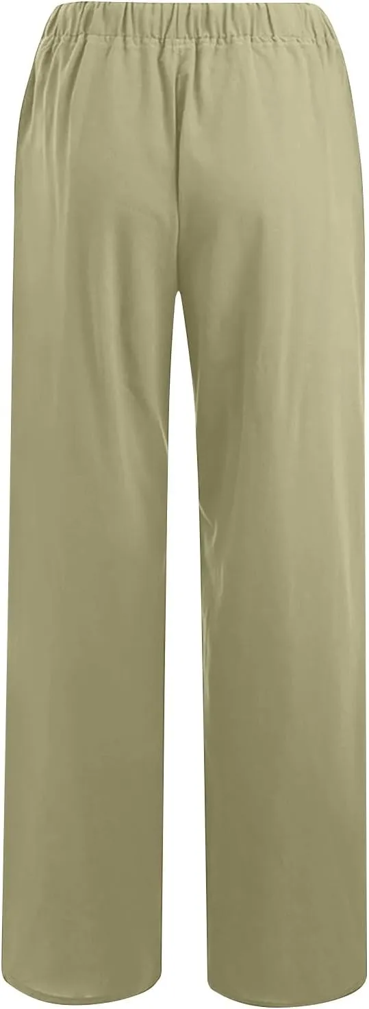 Women's Cotton Linen Pants Drawstring High Waisted Pants Casual Loose Fit Elastic Wasit 2024 Comfy Wide Leg Trousers