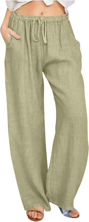 Women's Cotton Linen Pants Drawstring High Waisted Pants Casual Loose Fit Elastic Wasit 2024 Comfy Wide Leg Trousers