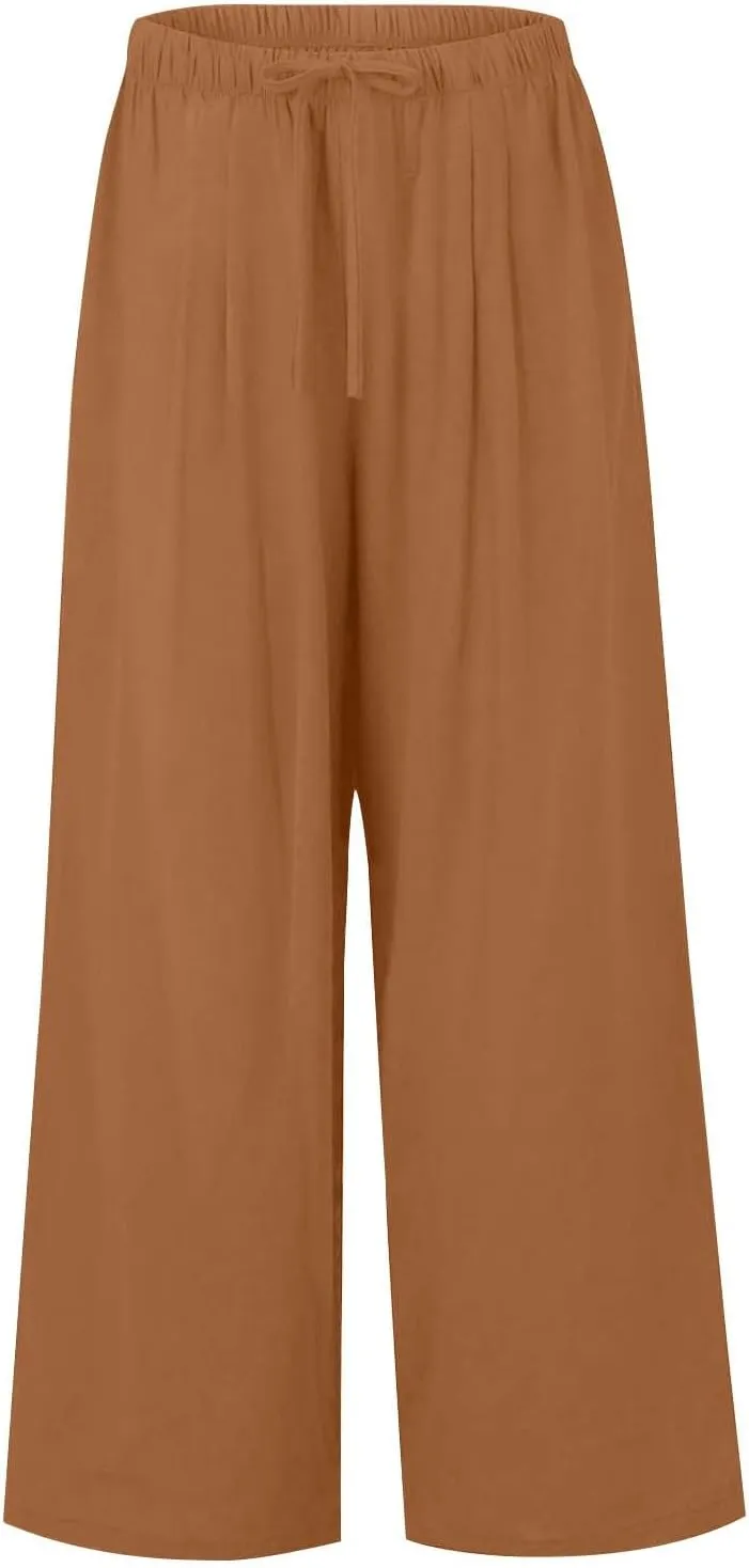 Womens Cotton Linen Pants Summer Palazzo Pants Flowy Wide Leg Beach Trousers with Pockets