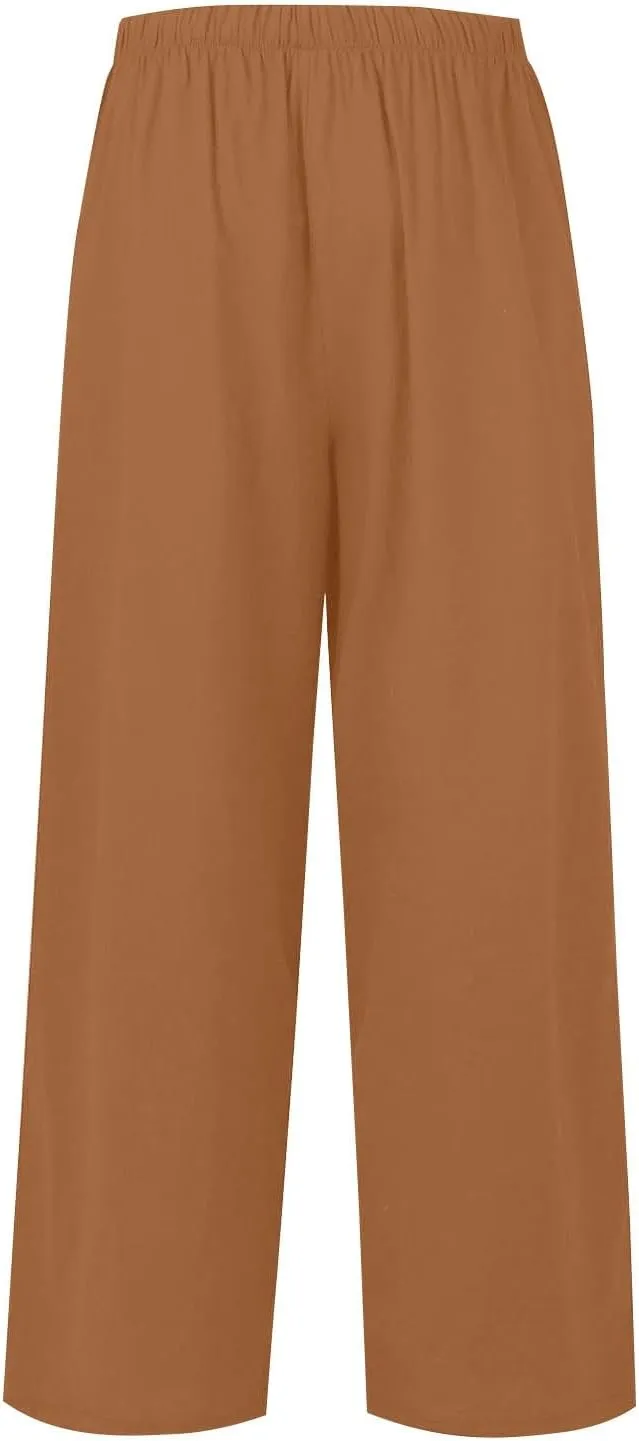 Womens Cotton Linen Pants Summer Palazzo Pants Flowy Wide Leg Beach Trousers with Pockets