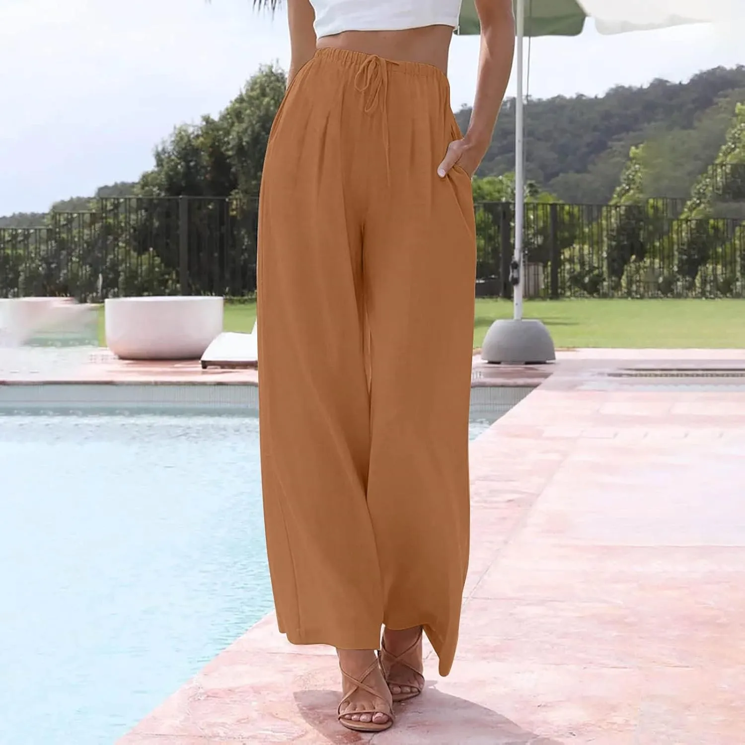 Womens Cotton Linen Pants Summer Palazzo Pants Flowy Wide Leg Beach Trousers with Pockets